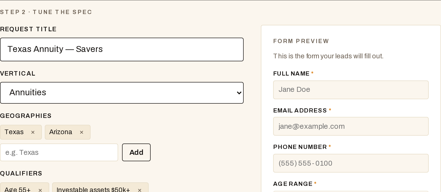 Spec editor showing request title, vertical, geographies and qualifiers being tuned before activation